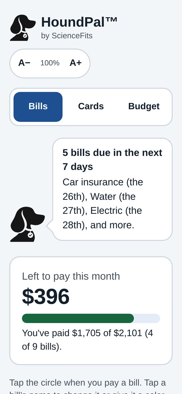 HoundPal bills screen showing money left to pay and bills due soon