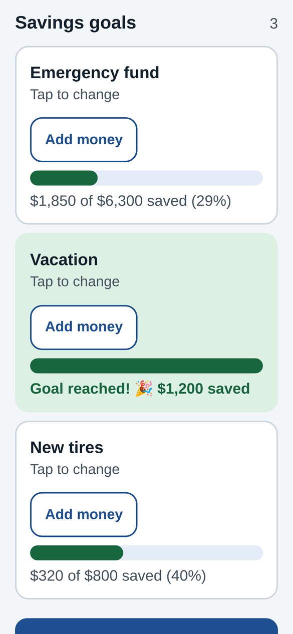 Savings goals with progress bars